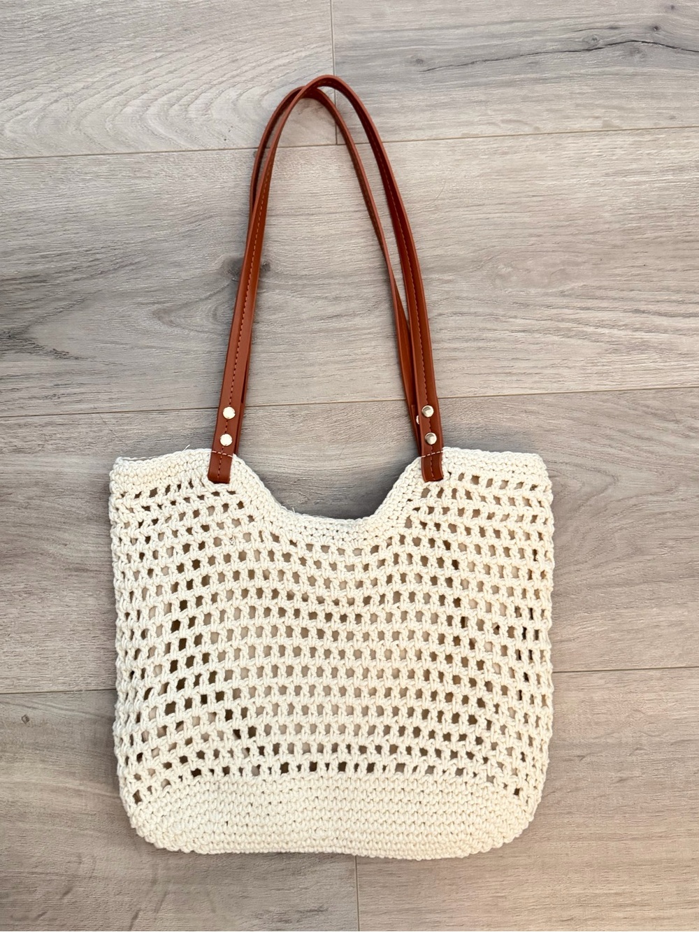 Neutral Crochet Tote Bag with Brown Handles